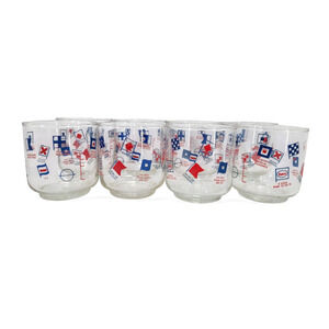 Libbey ENCO Signal Flags Glass Set of 8 Nautical Maritime‎ Promo Barware Vintage